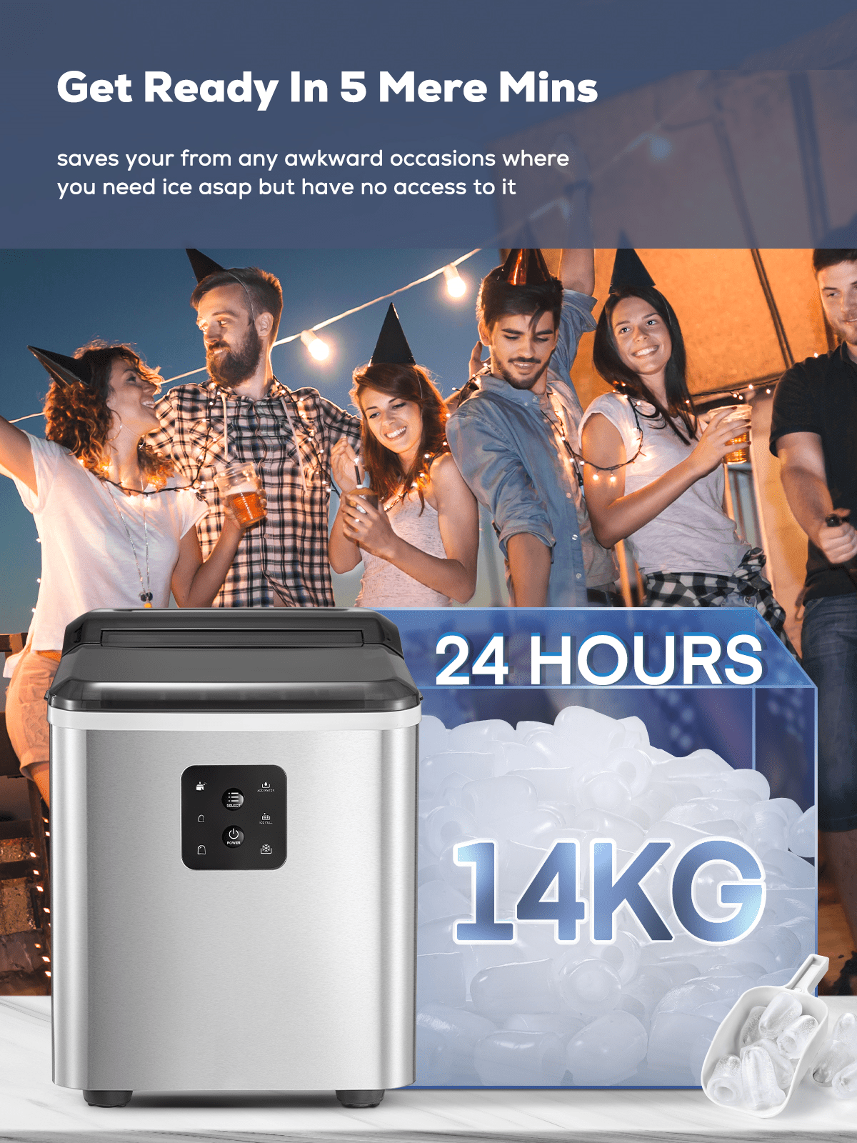 FOHERE Ice Maker Countertop 2 Sizes, 28lbs in 24h, 9 Bullet Ice in 6M, Selfclean, Stainless Steel