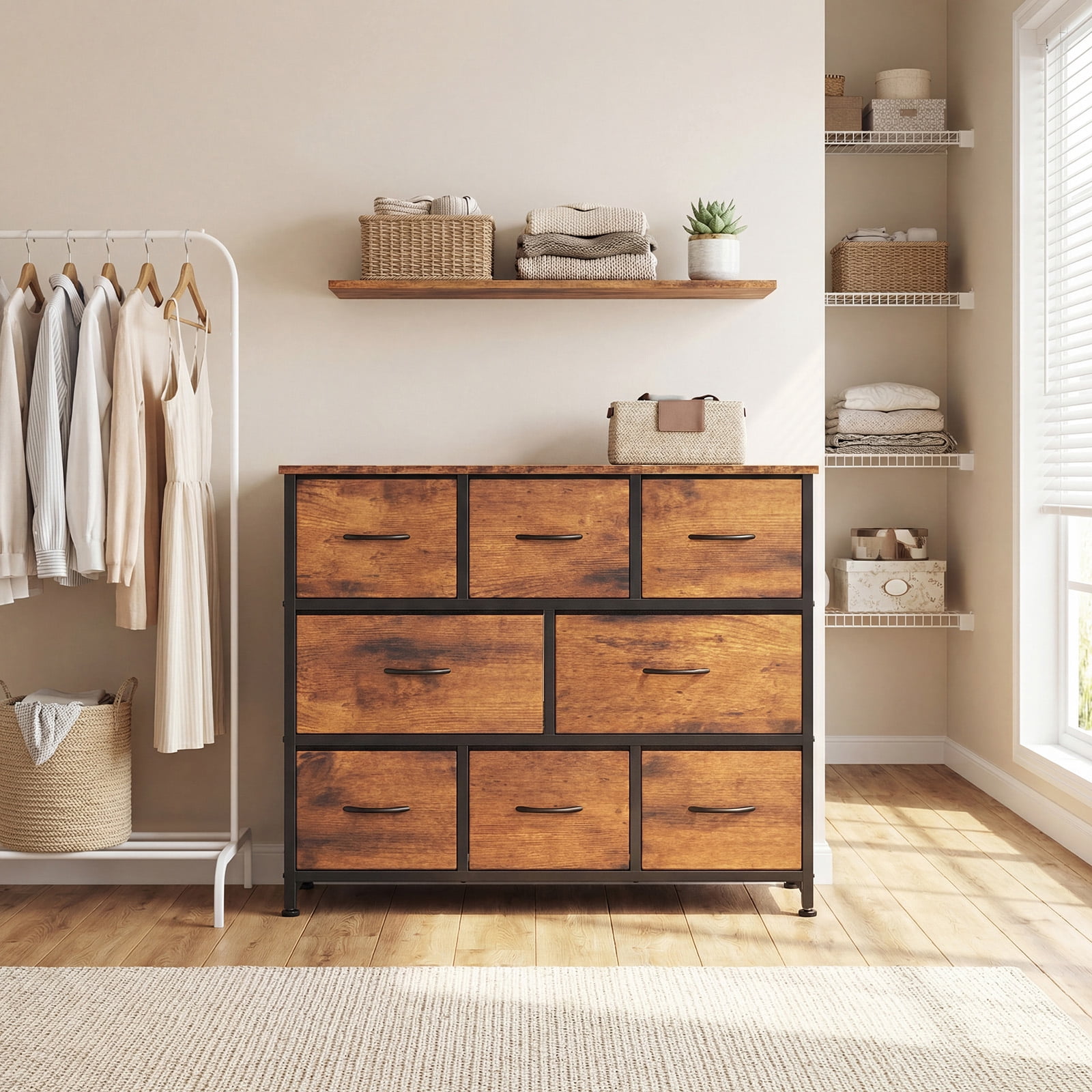 CONCETTA 8 Drawer Fabric Chest，Dresser for Bedroom, Wide Storage Tower for Closet, Living Room, Hallway, Rustic Brown