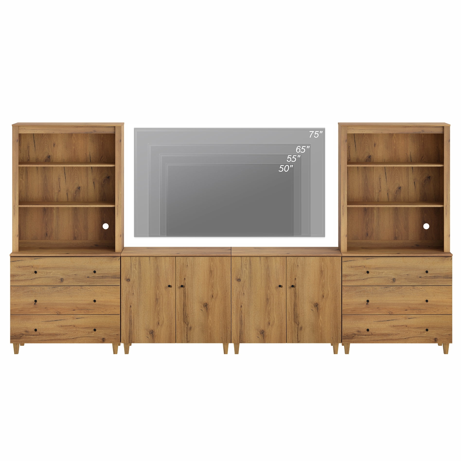 Modern Wall Unit Entertainment Center for 75" TVs with Drawers&Doors,Oak Brown