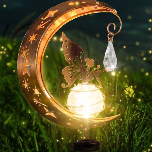 Moon Solar Garden Decorative Lights, Patio Decor, Metal, Solar Moon, Glass LED, Garden Lamp, Waterproof Post Light with Fairy and Stake, Yard, Lawn,