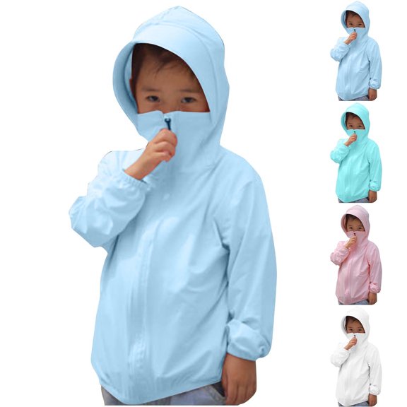 Xfvqtps Kids Children Cooling Sun Protection Jacket Hoodie with Wide Brim Zip up Long Sleeve Solid Color Lightweight Breathable Summer Thin Tops for Camping Hiking Cycling Running 2-15Y Blue