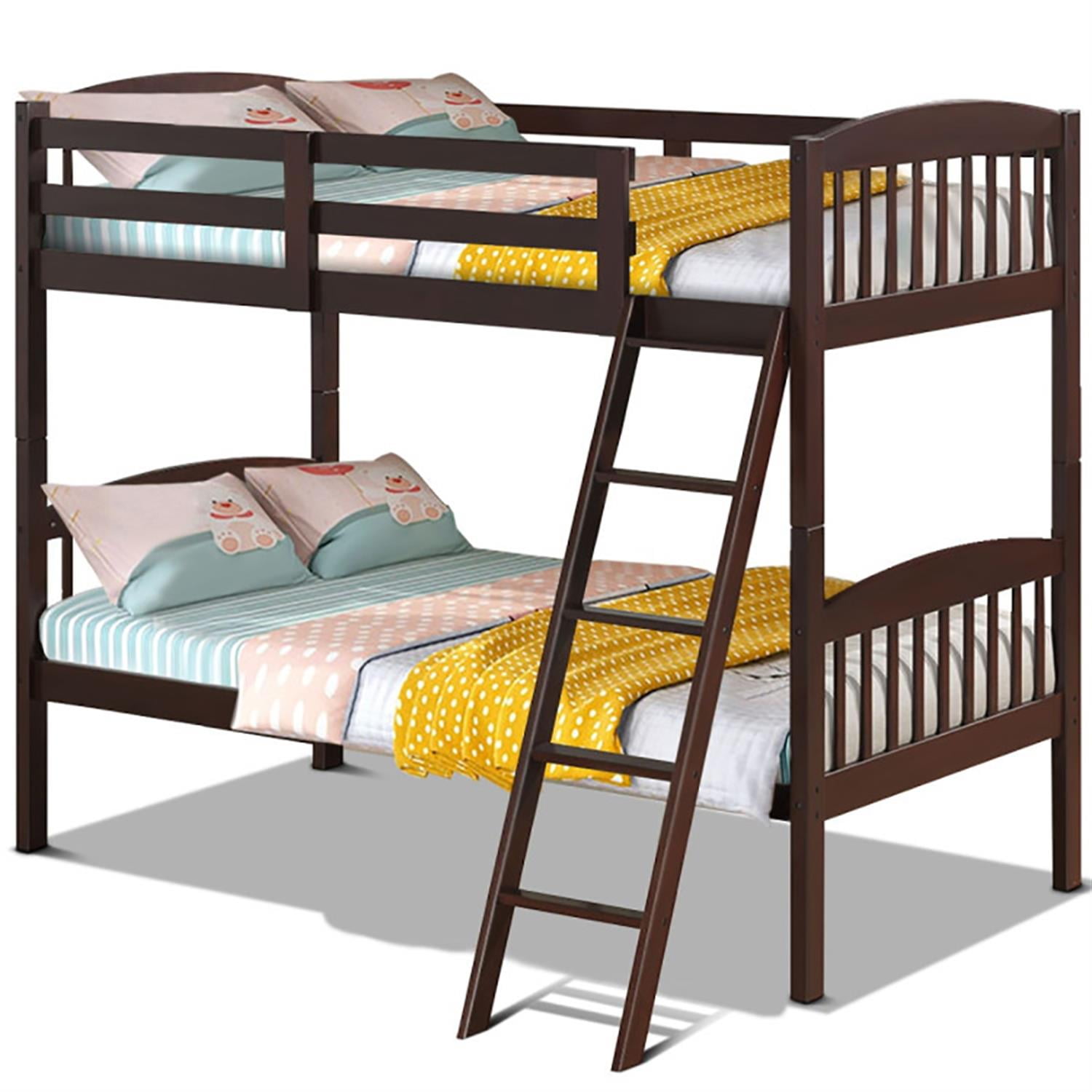 Demi Bonn Solid Wood Twin Over Twin Bunk Bed with Detachable Ladder, Twin Bunk Beds, Converts to 2 Individual Twin Beds, Brown