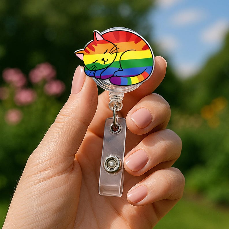 TiniDecor Rainbow Cat Badge Reel, Retractable ID Holder, Cute Pride Gift for Nurse, Student