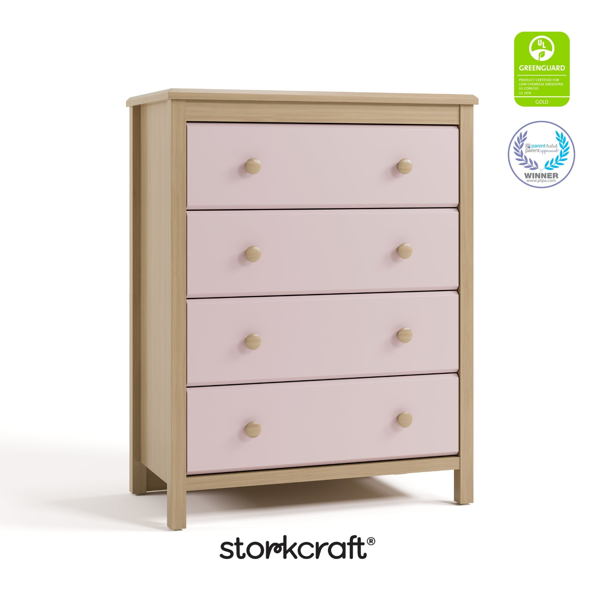 Storkcraft Alpine 4 Drawer Nursery Dresser, Driftwood with Blush