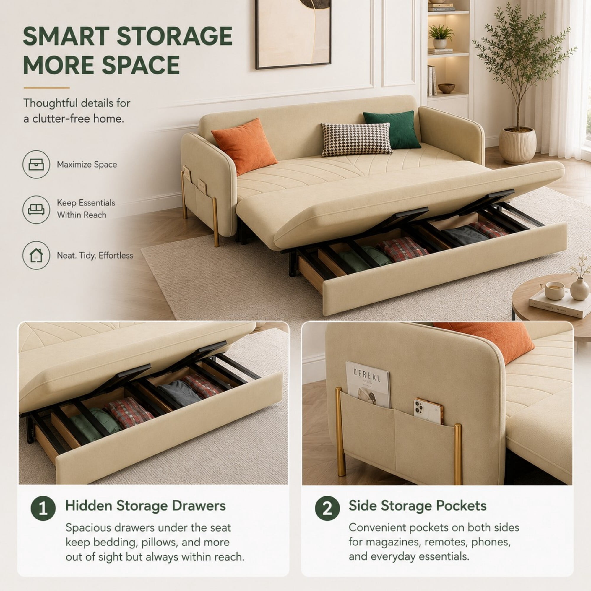 DEALTOPS 79" Pull Out Sofa Bed with Storage Drawers, Velvet Sleeper Sofa Couch, Beige