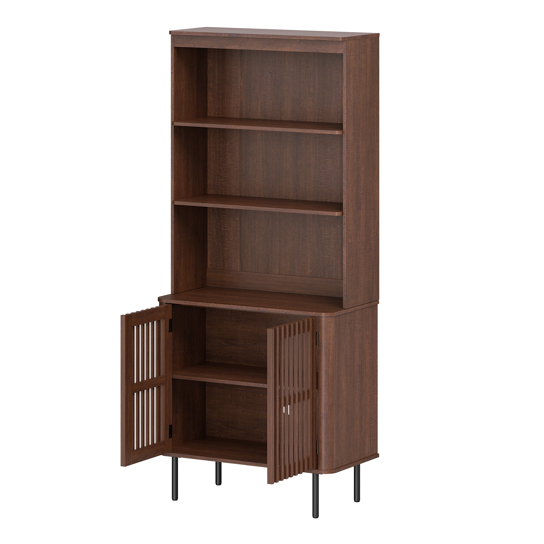 72.8" Tall Bookshelf with Doors - 3 Tiers Large Modern Bookcase with Adjustable Shelves, Walnut
