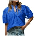 thumbnail image 3 of ORT Women's Summer Tops Dressy Casual Short Sleeve V Neck Buttons Hollow Out Lace Embroidered Blouses Shirts(Z2-Blue,S), 3 of 7