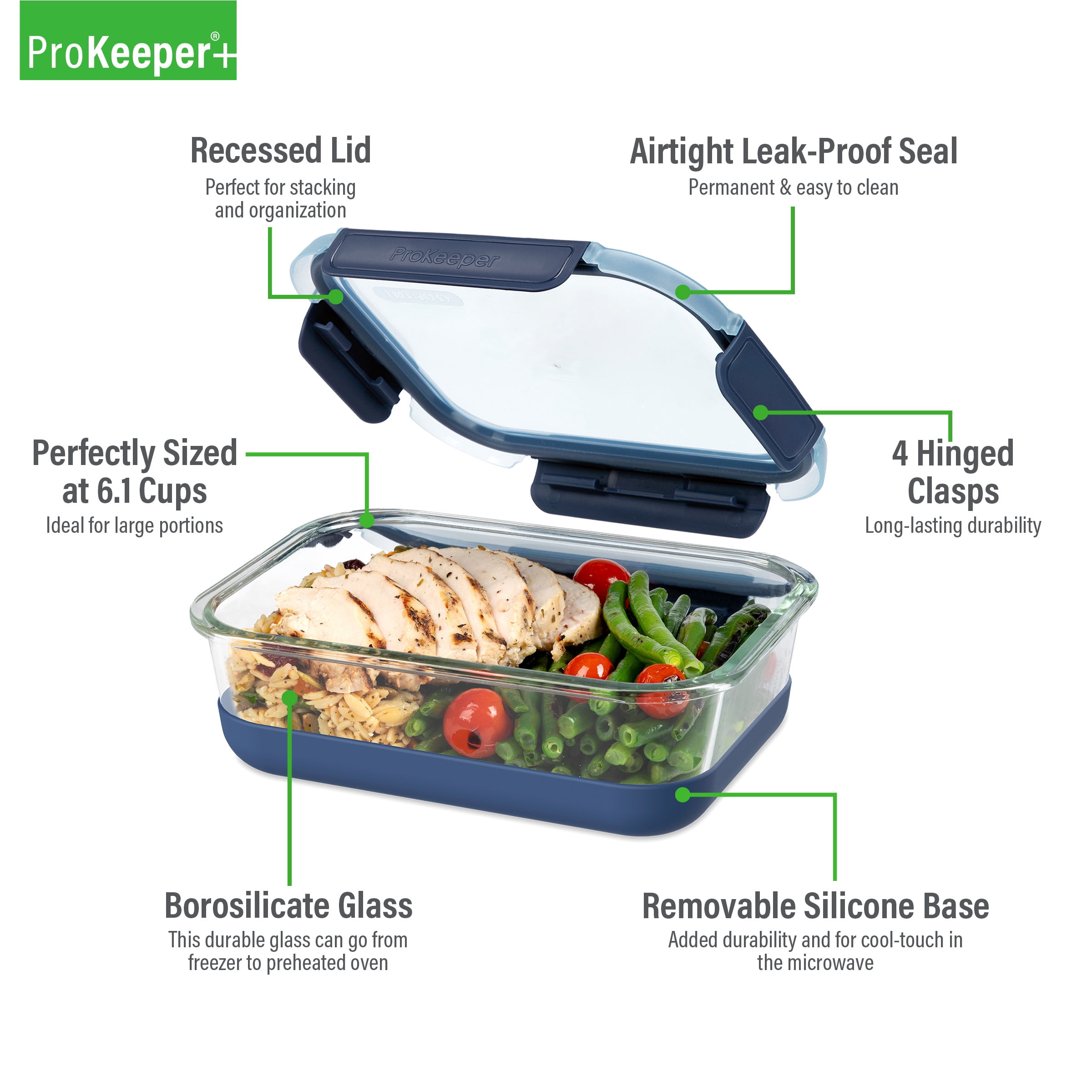 (6 pack) ProKeeper+ 6.1 Cup Glass Food Storage Container with Airtight Silicone Lid