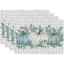 Fall Placemats, 12x18 Inch Set of 4 Buffalo Plaid Check Pumpkins Table Decorative for Kitchen Dining, Indoor & Outdoor Dinner Party (Blue Pumpkin) GP086-18