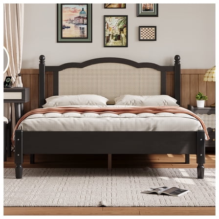 Queen Size Wooden Platform Bed with Natural Rattan Headboard, Vintage Bed Frame with Wooden Slat Support, Black