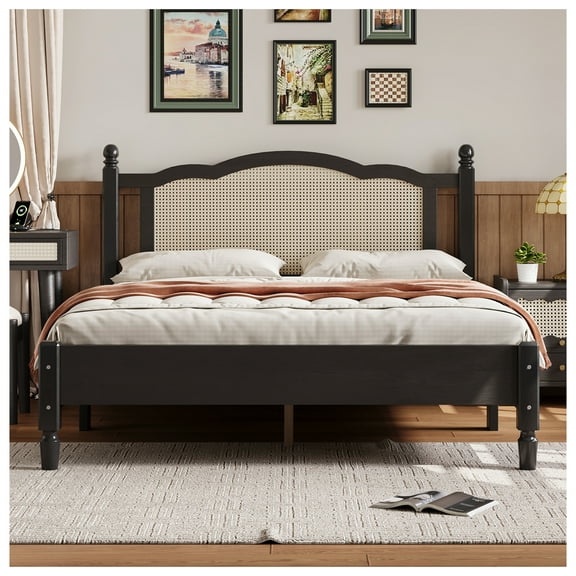 Queen Size Wooden Platform Bed with Natural Rattan Headboard, Vintage Bed Frame with Wooden Slat Support, Black