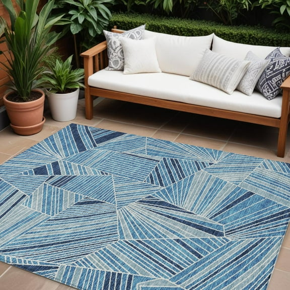 8' X 10' Blue And Teal Blue Geometric Washable Indoor Outdoor Area Rug