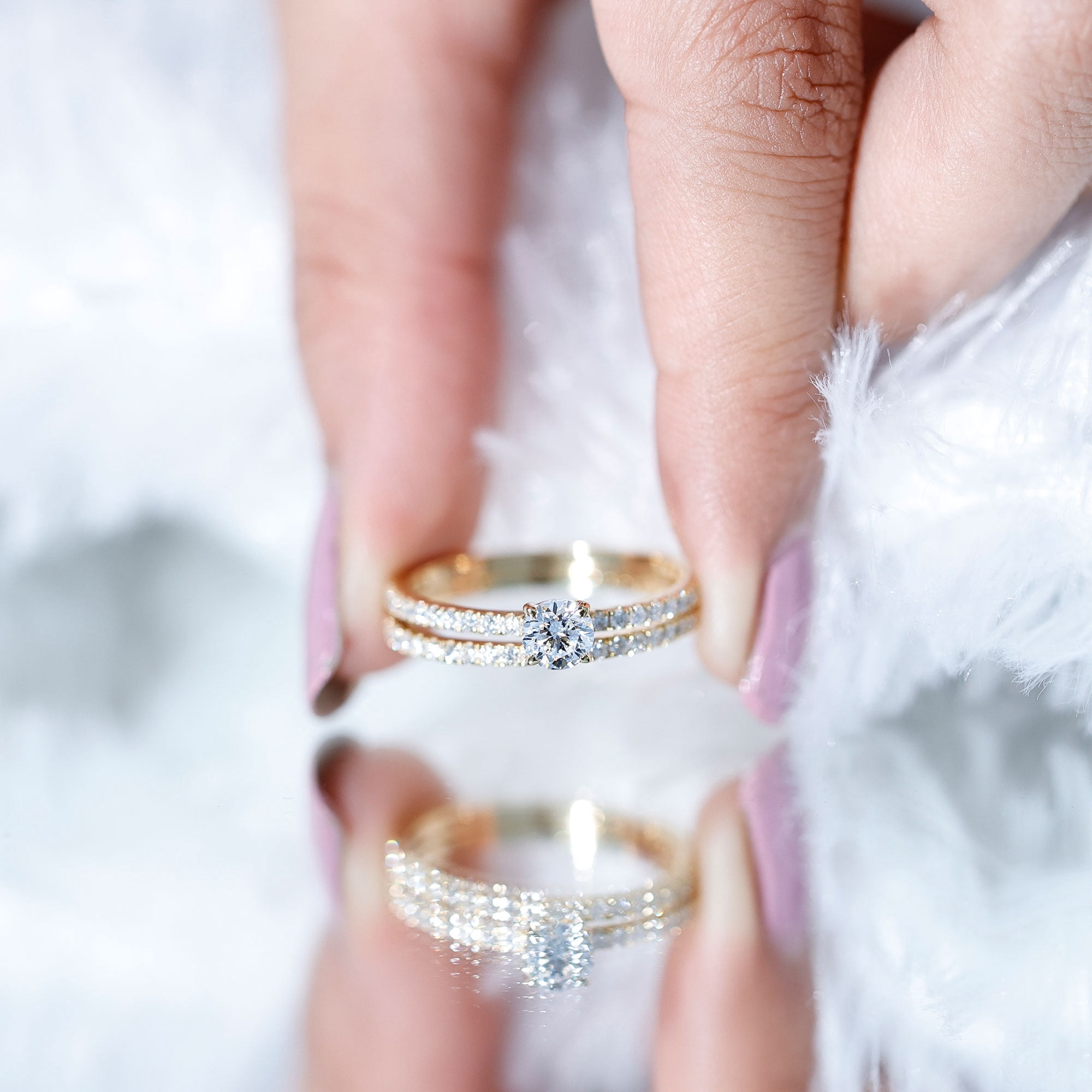 Rosec Jewels Wedding Rings Set for Women - Lab Created Diamond Engagement Ring with Band (Ef-Vs Quality), 10K Yellow Gold, US 4.00