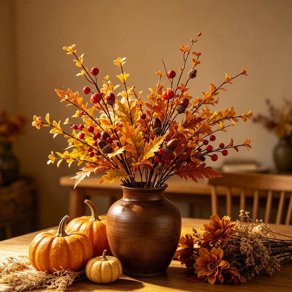 Miwamany Artificial Pumpkin Maple Leaf Hazelnut Fall Spray, 16.5 Inch Fake Floral Stems for Vase, Thanksgiving Harvest Home Table Centerpiece Decoration
