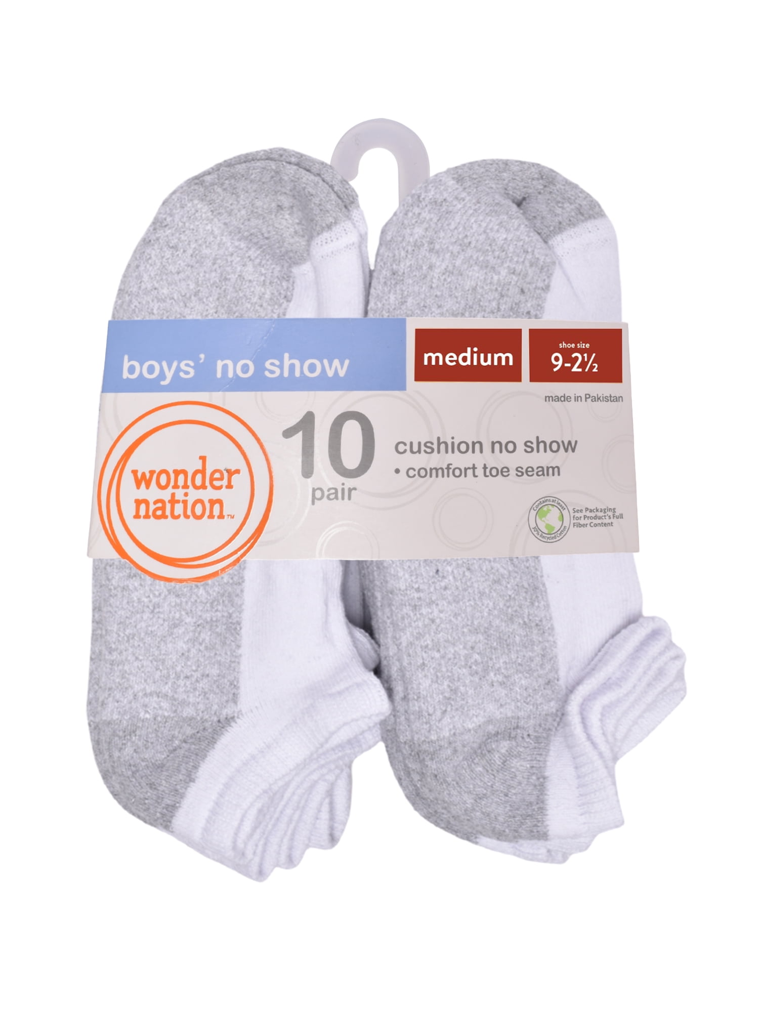 Wonder Nation Boys Cushioned No Show Socks, 10 Pack, Sizes S (4-8.5) - L (3-9)