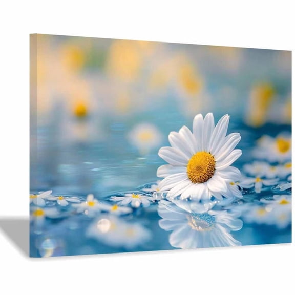 Mudket White Daisies on Water Canvas Wall Art, Framed Floral Print, Ready to Hang Wall Decor for Living Room Bathroom, Calming Nature Artwork - 12"L x 8"W