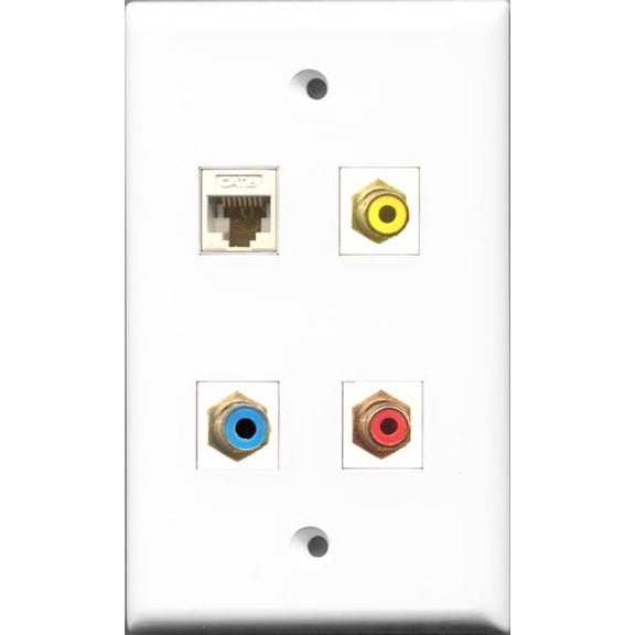 RiteAV 1 Port RCA Red and 1 Port RCA Yellow and 1 Port RCA Blue and 1 Port Cat6 Ethernet White Wall Plate