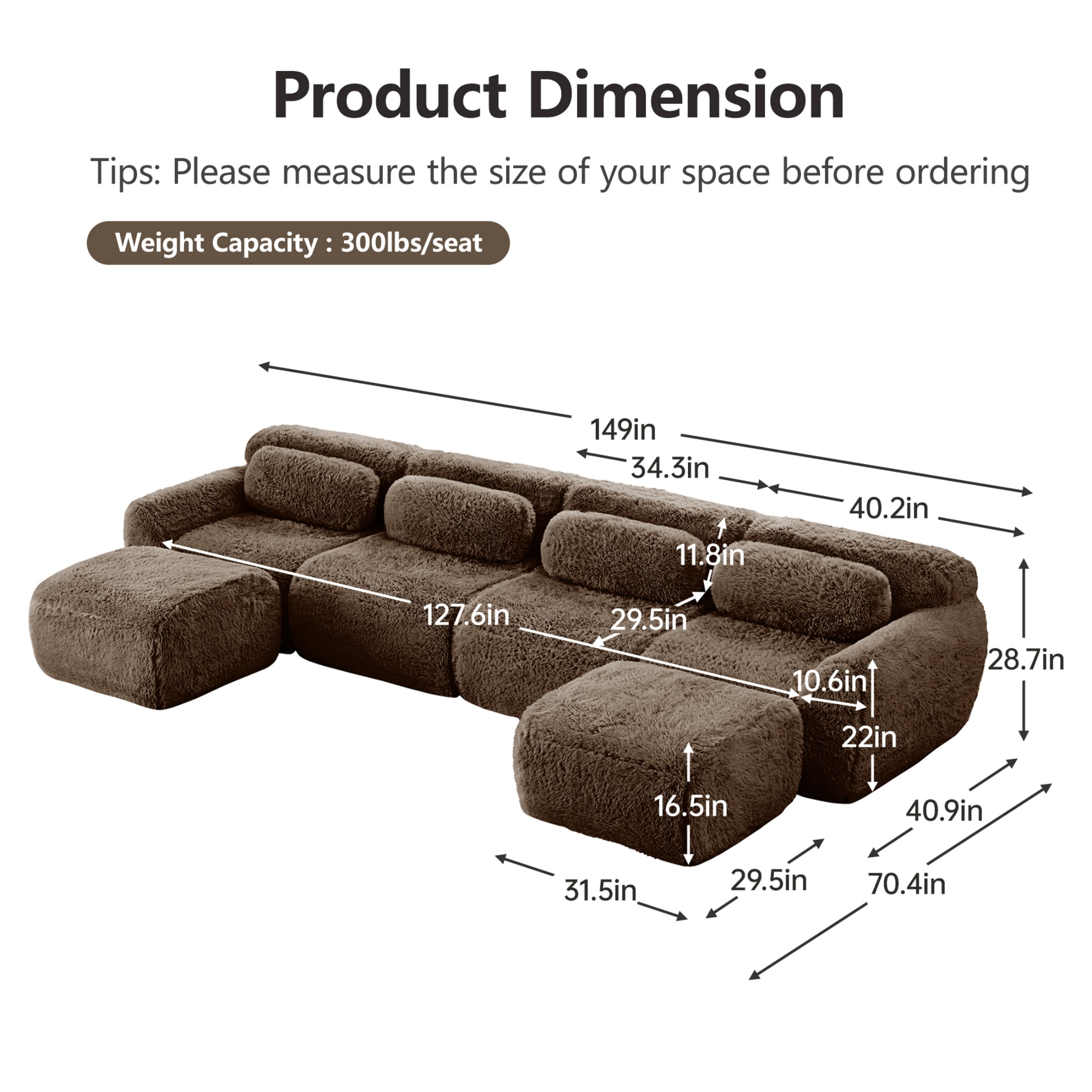 Vinform 149" Sectional Couch, U-Shaped Sofa with 2 Ottomans for Living Room, 4-Seat, Plush, Brown(No Assembly Required)
