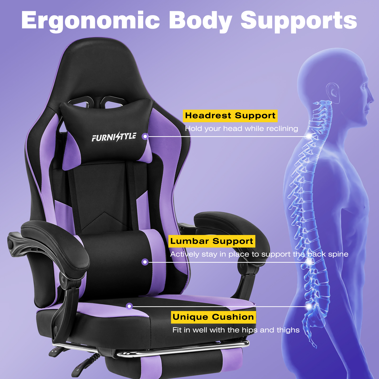 Falvinoryn Gaming Chair, Video Game Chair with Headrest and Lumbar Support,High Back Ergonomic Computer Chair with Footrest,Swivel Desk Office Chair, Purple