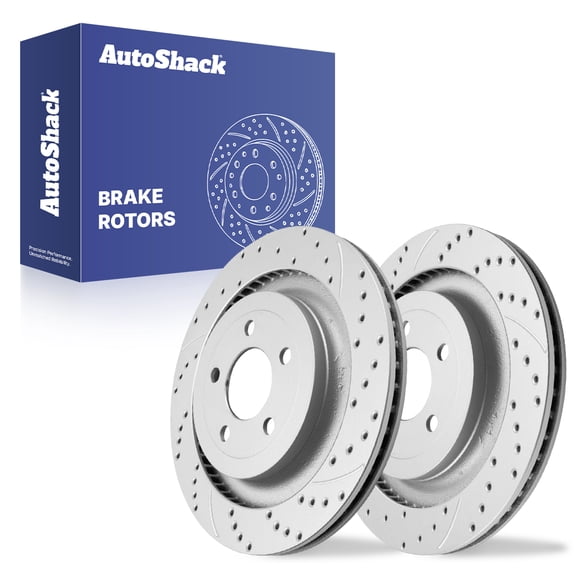 AutoShack Rear Vented Drilled & Slotted Coated Brake Rotors Silver Matte Finish 2-PC Set Replacement for 2015-2023 Ford Mustang TurboGuard 12.99" (330 mm)