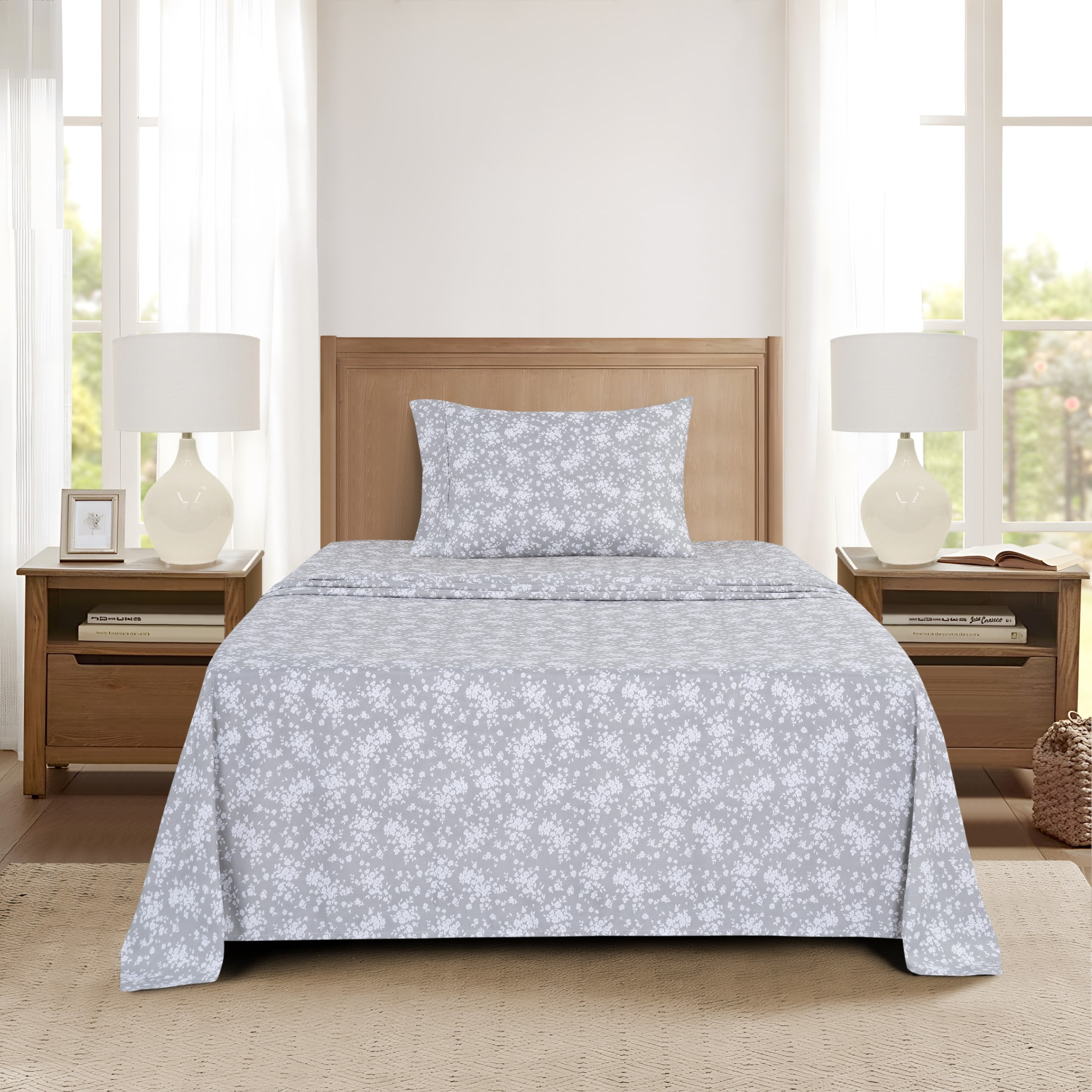 Mainstays Super Soft Brushed Microfiber Bed Sheet Set, Gray Floral, Twin-XL, 3 Piece