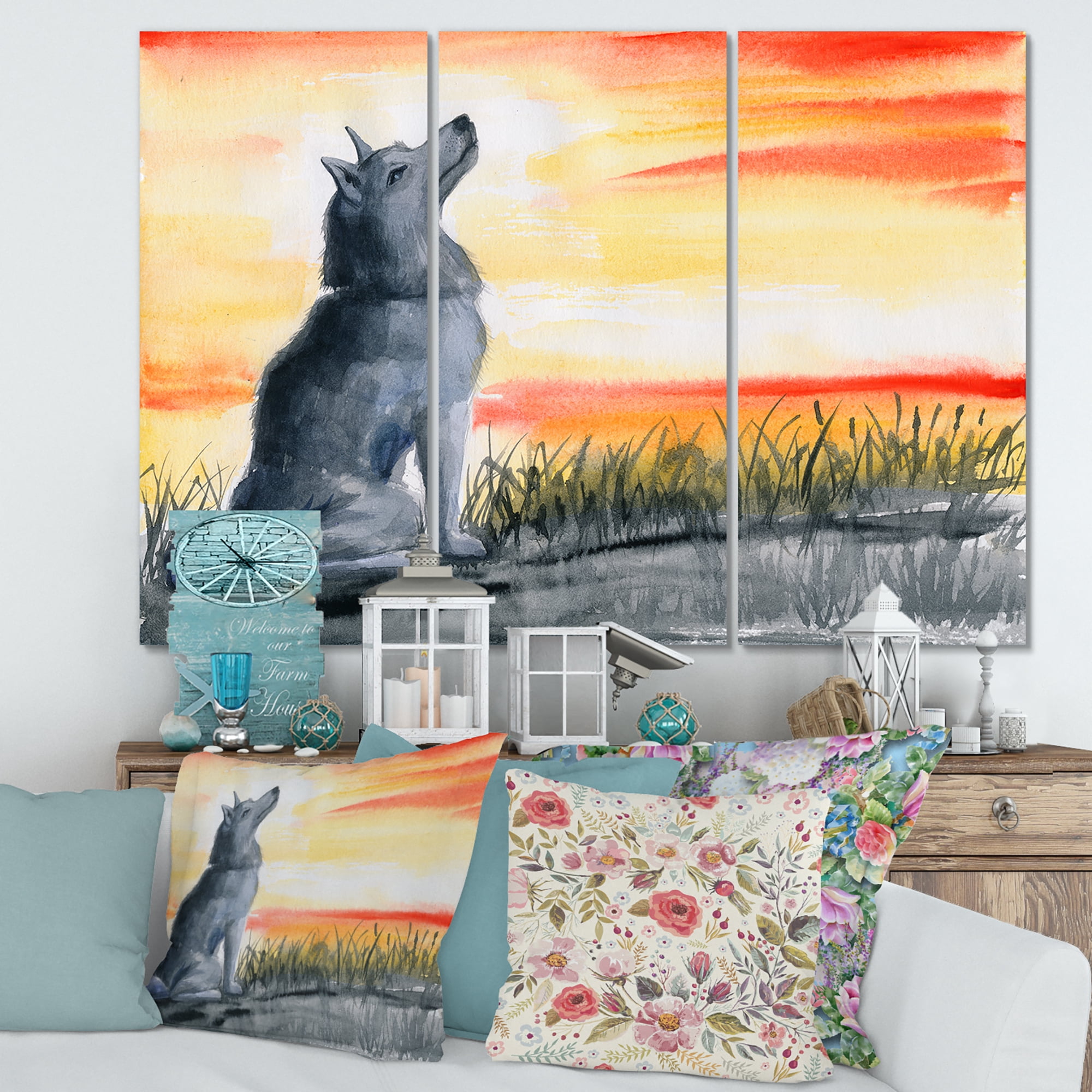Portrait Of Grey Wolf Howling At The Moon 28 in x 36 in Painting Canvas Art Print, by Designart