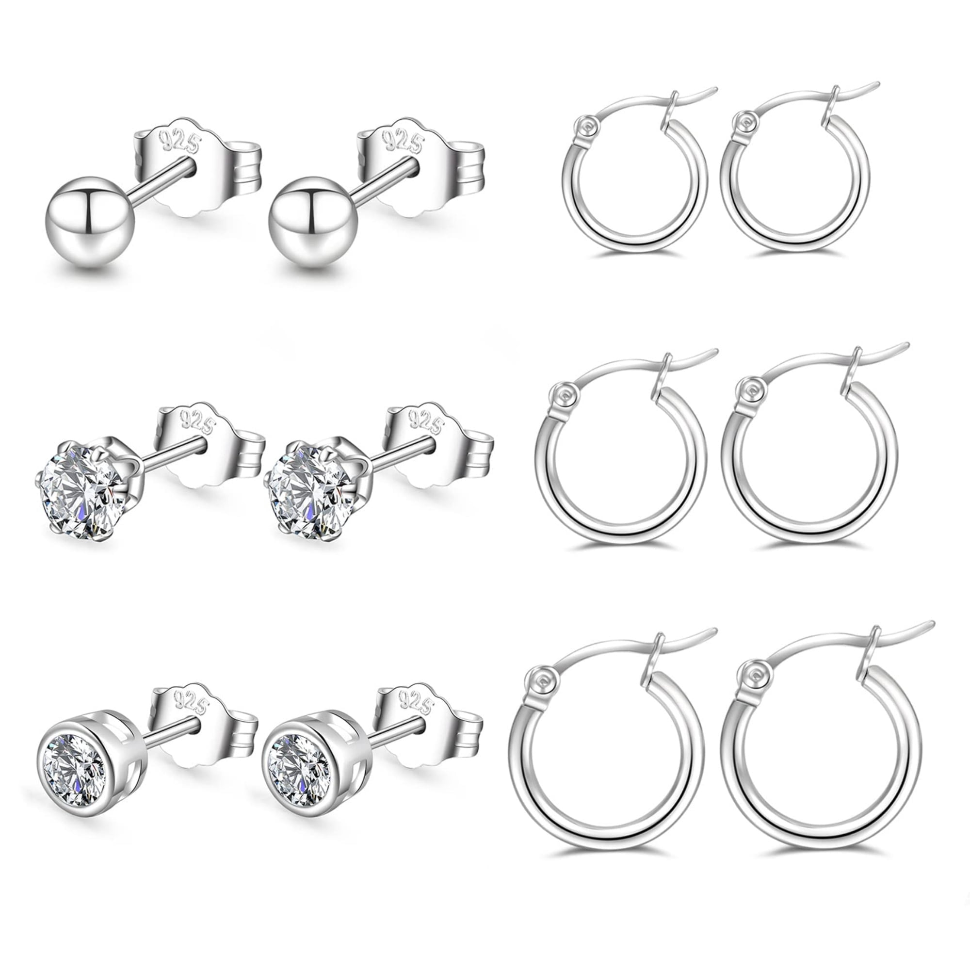 YEUOYEA 6 Pairs Stud Earrings for Women, Small Huggie Hoop S925 Sterling Silver Post Hypoallergenic Earring Sets, Jewelry Gifts