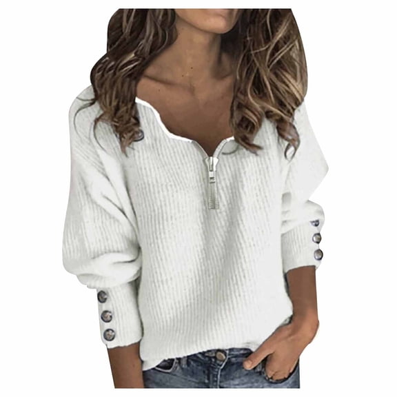 YWDJ Womens Tops Casual Fashion Women's Solid Patchwork V-Neck Zipper Long Sleeves T-Shirt Blouse Tops White M