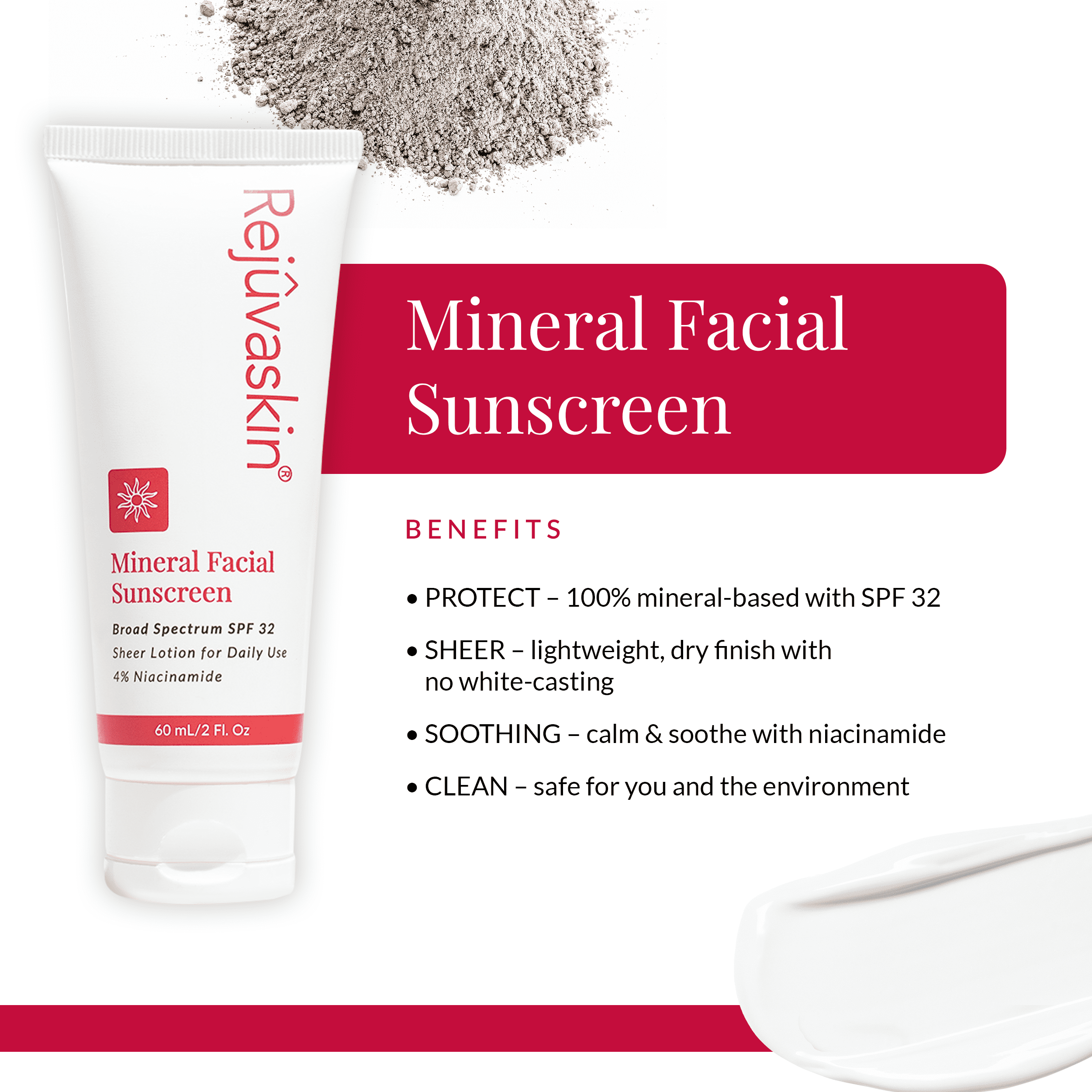 Rejuvaskin Mineral Facial Sunscreen - Face Cream Broad Spectrum Sunscreen for Sensitive Skin and Acne-prone Skin, Oil-free Mineral - Daily Face Lotion for the Face,  Face Moisturizer  with SPF 32