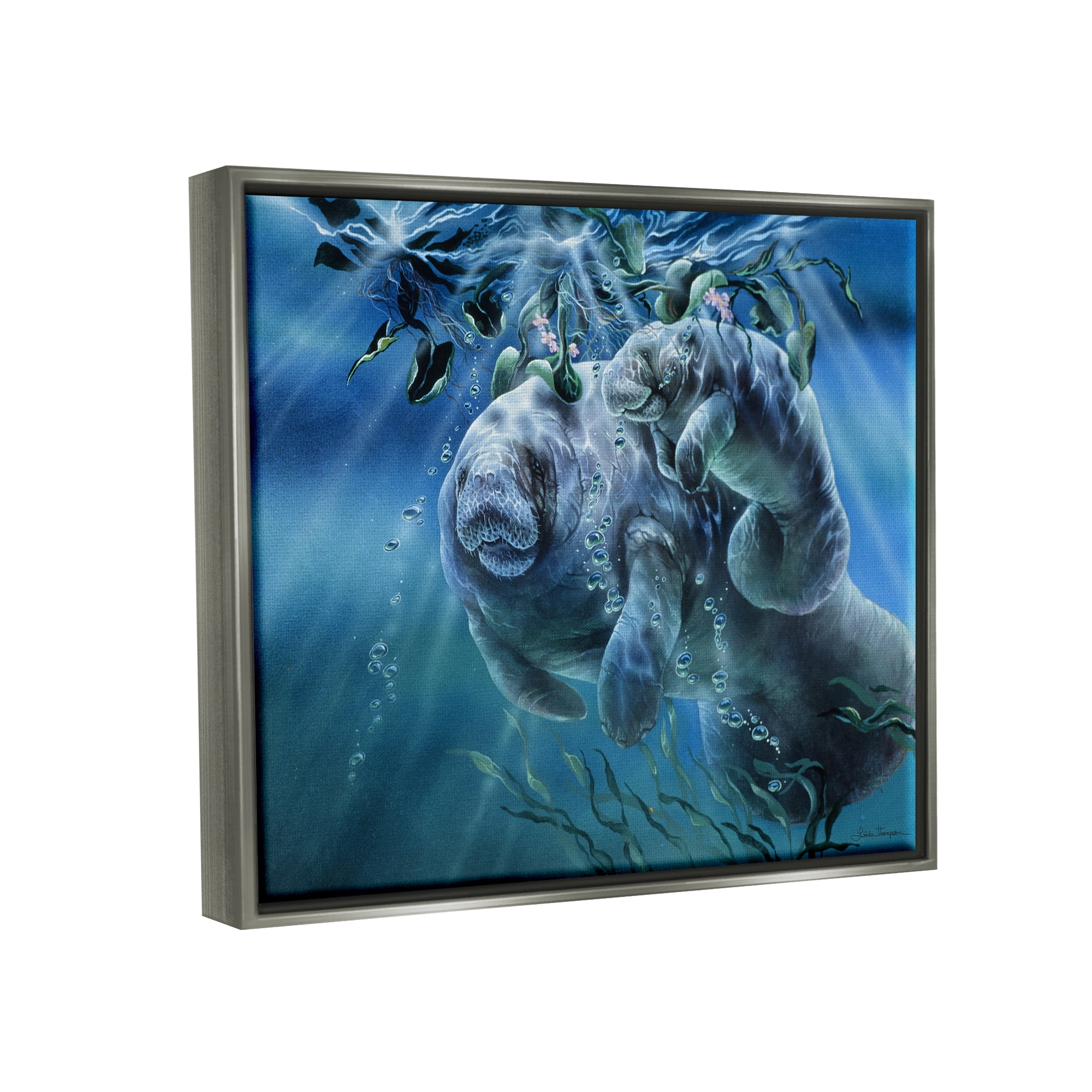 Stupell Industries Manatees Underwater Sun Rays Coastal Painting Gray Floater Framed Art Print Wall Art