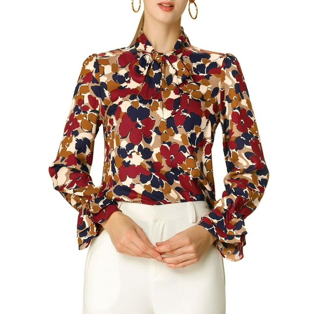 INSPIRE CHIC Haut à Manches Longues Trompette Vintage à Volants à Col en V Noué à Fleurs pour Femme