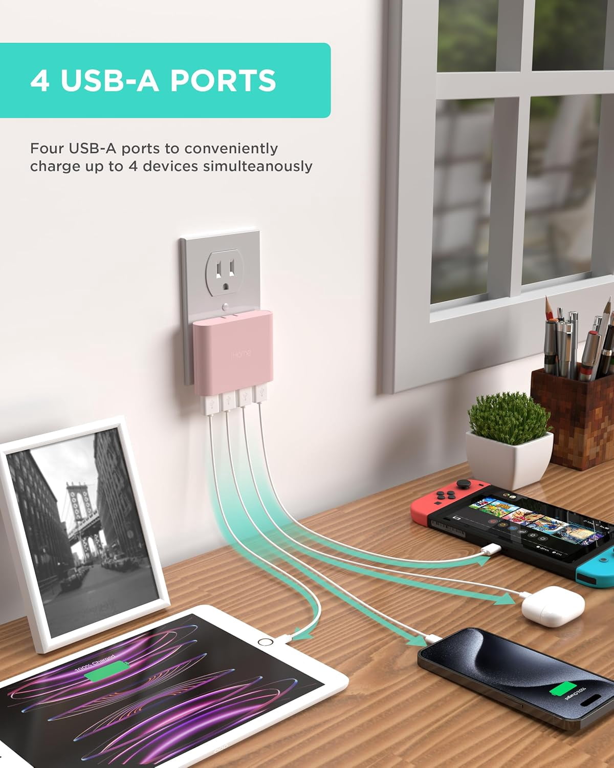 iHome Slim 4-Port USB Wall Charger, AC Pro Flat Plug Adapter, Charging Block for Home & Travel