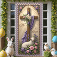 thumbnail image 6 of Cross Design He is Risen Banner Purple Fabric Easter Cross Display White Lamb Pink Roses Resurrection Backdrop for Easter Party Church Service Religious Gathering, 6 of 9