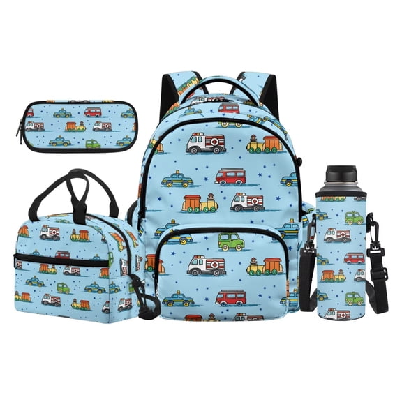 Garronmavis Blue Cartoon City Vehicle Printed Backpack Kit, 17 Inch Toddler Boys School Bag Set with Insulated Lunch Container, Pencil Holder and Water Bottle Cover for Car Loving Kids
