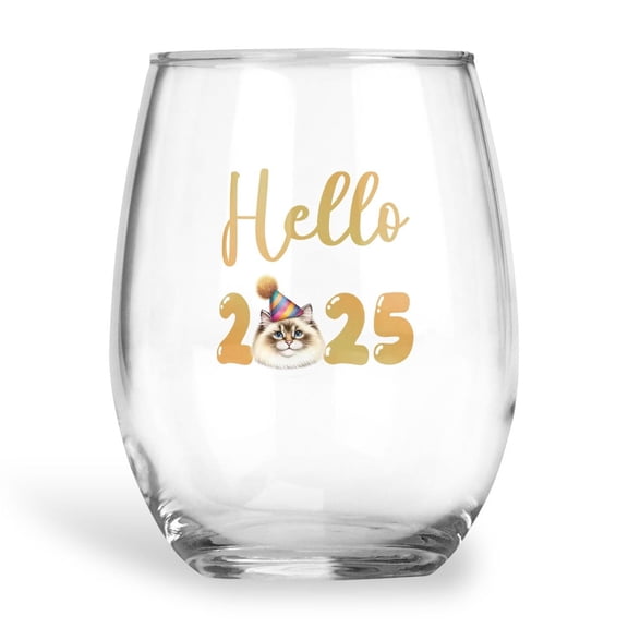 Hello 2025 Ragdoll Celebrates Happy New Year Firework Balloon 15oz Stemless Wine Glass Mug Cat Lover Kitten Owner Gifts Idea Wine Glasses Cup - 02024