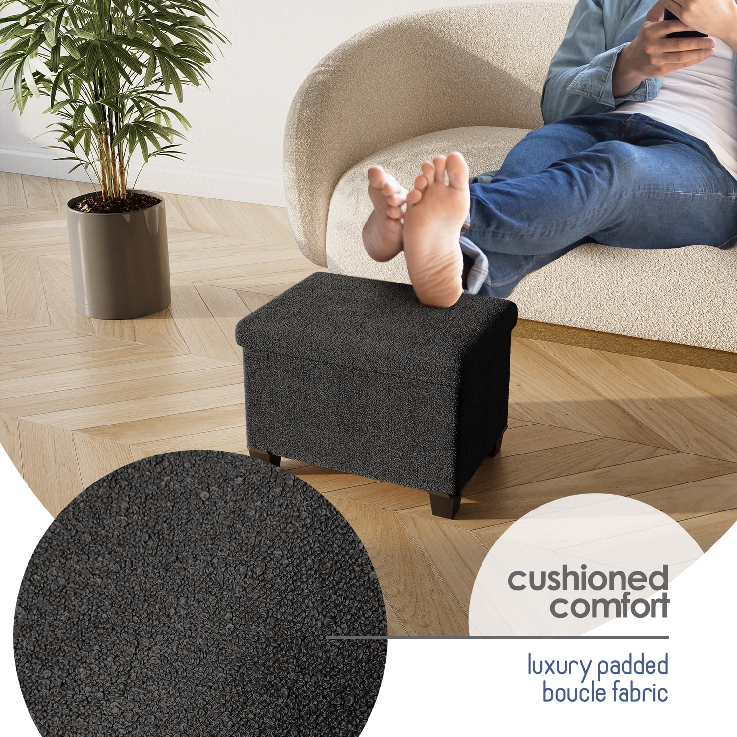 Hearth & Harbor Storage Ottoman Bench, Boucle 16" Ottoman with Storage , Black