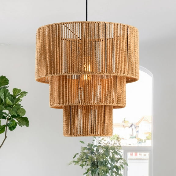 C Cattleya 1-Light 17.5 in 3 Tiered Jute Rope Shade Adjustable Height Ceiling Mount Chandelier