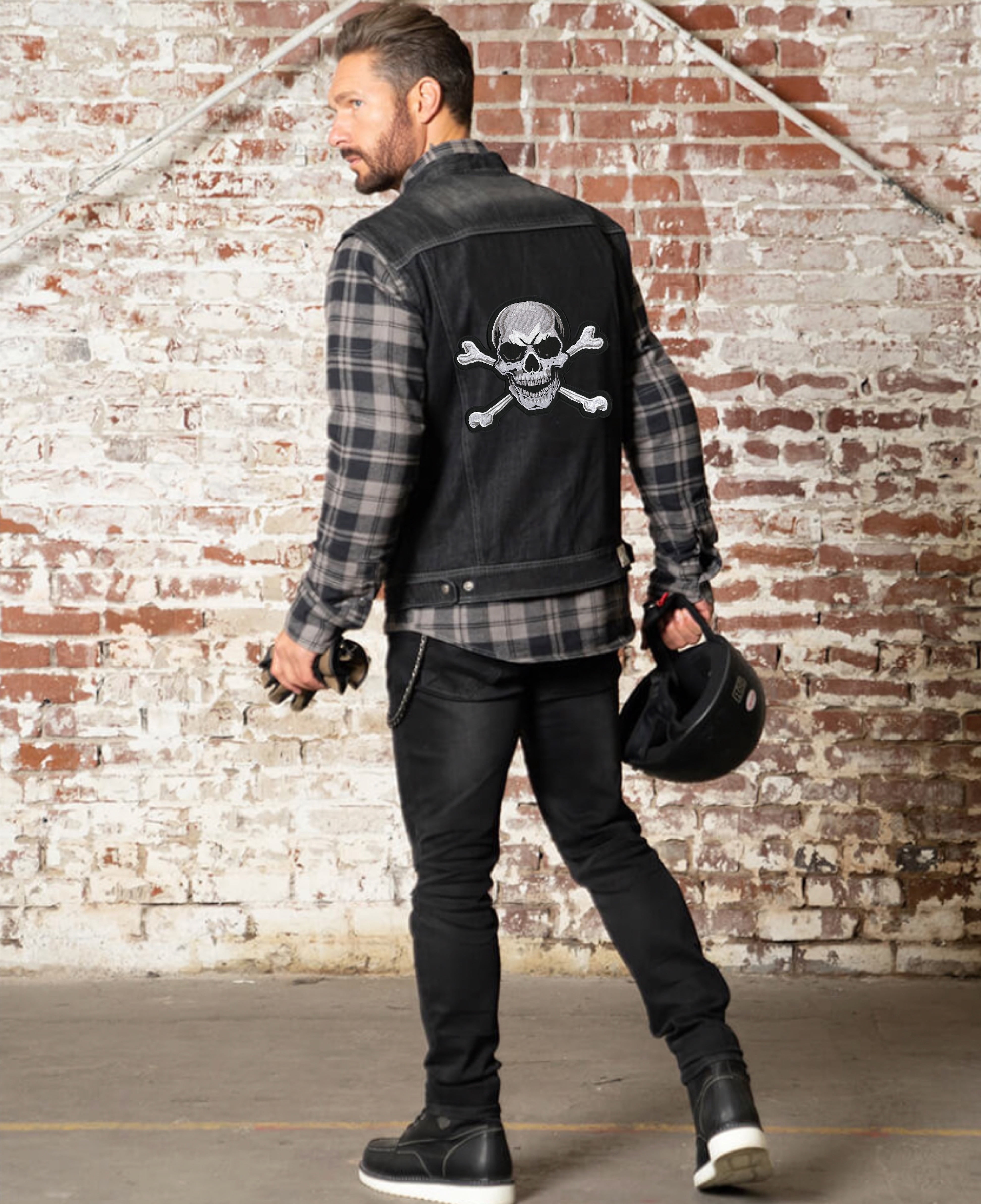 Skull & Crossbones Patch 10.5" | Realistic Skeleton Halfskull Embroidered Iron On Jacket Center Patch | Large - by Nixon Thread Co.