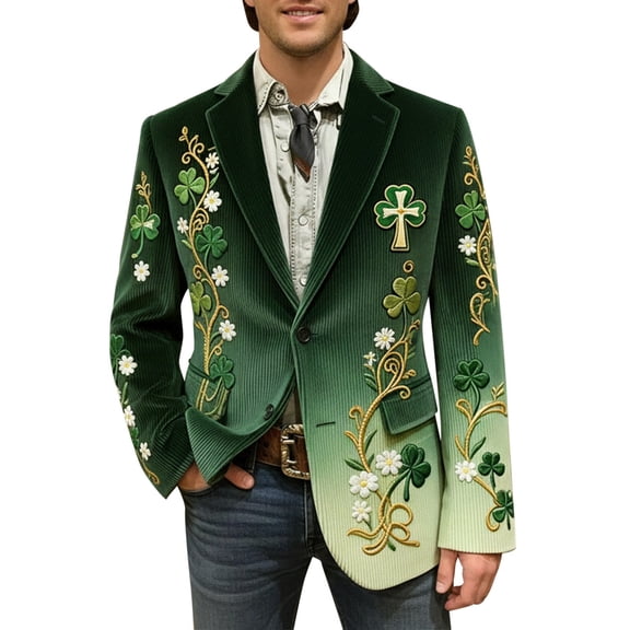 IWRICH St. Patrick's Day Corduroy Blazer Formen Shamrock Jackets 3D Splicing Printed Colorblock Button Loose Work Sport Coat with Pocket 14-Green XL