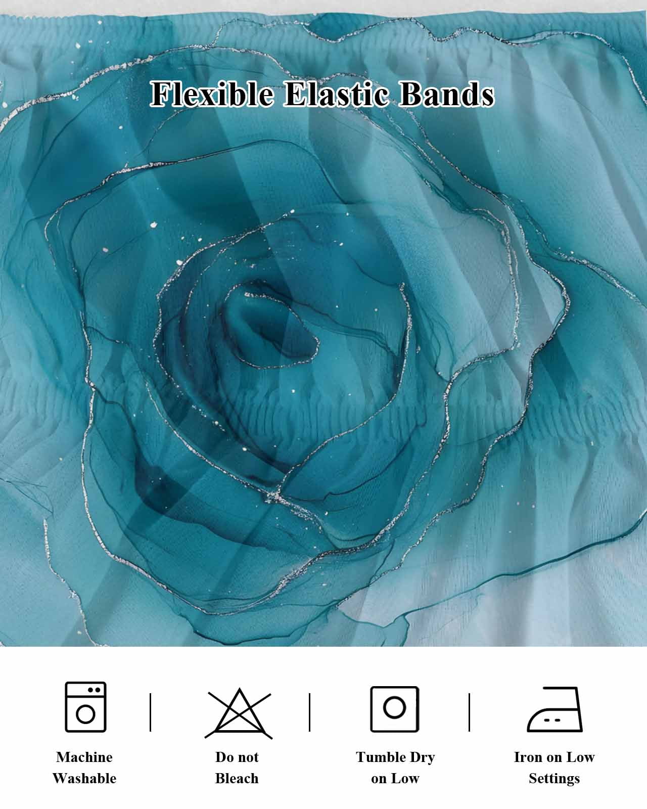 Marble Teal Blue Wrap Around Bed Skirts for King Bed 16" Drop,Bed Skirt with Adjustable Elastic Belt Dust Ruffle Bed Valance for Bedroom Hotel Modern Rose Floral Ink Art Silver Lines Bed Frame Cover