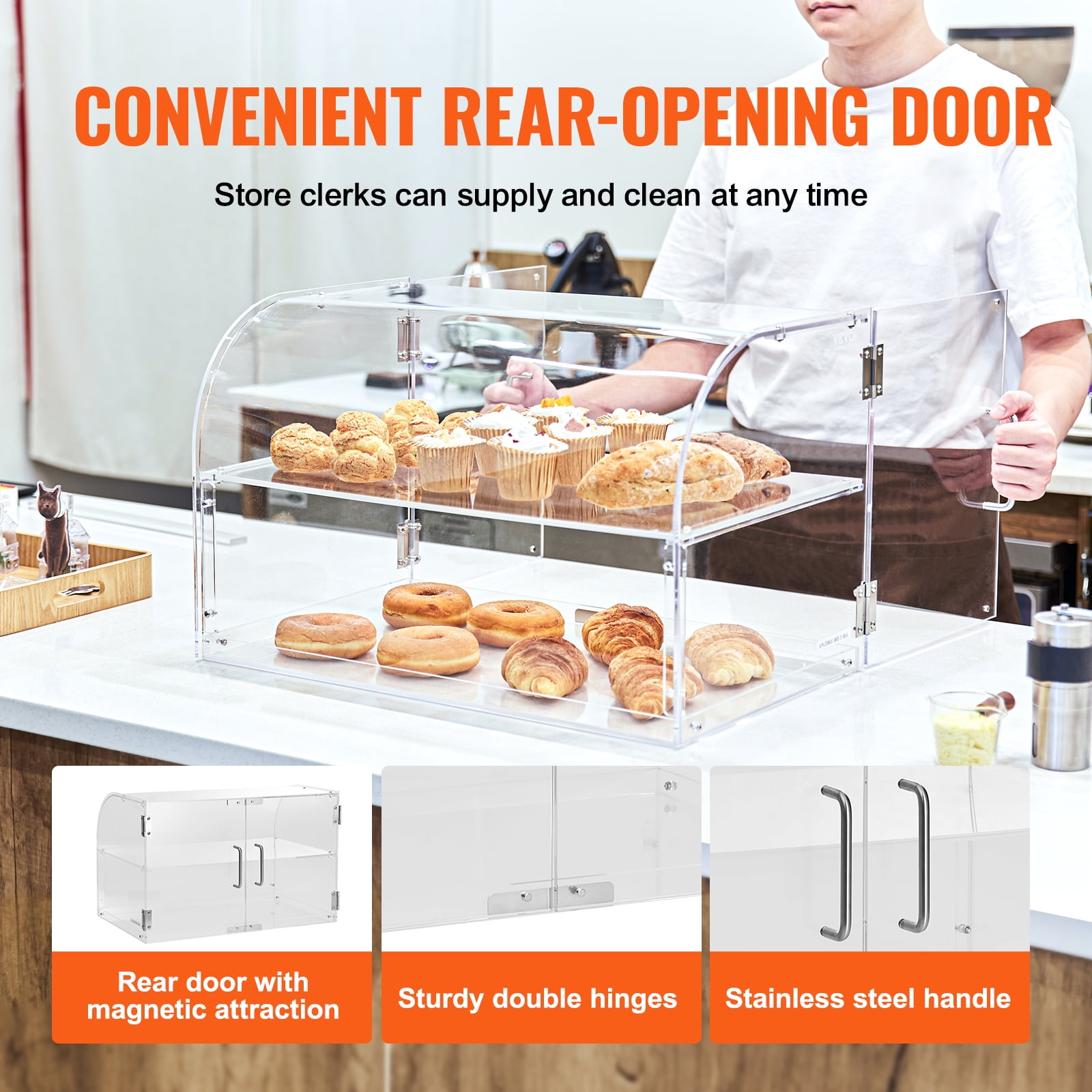 VEVOR 2-Tier Acrylic Bakery Display Case Countertop Donut Pastry Case Rear Door