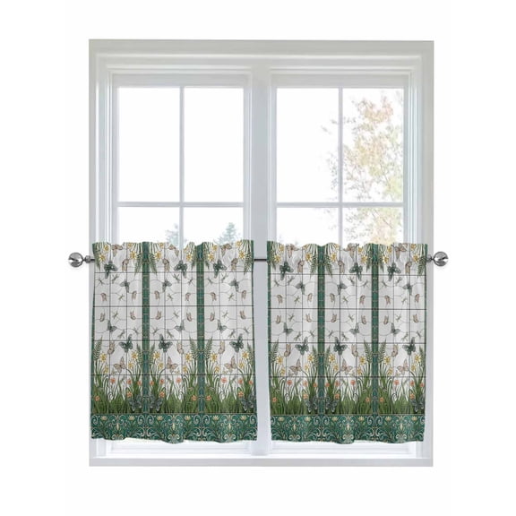 Stained Glass 2 Panel Kitchen Curtains for Small Windows, Butterfly Flowers Spring Watercolor Plant Bathroom Tier Curtain, Short Window Treatment for Bedroom/Living Room 55"x24"