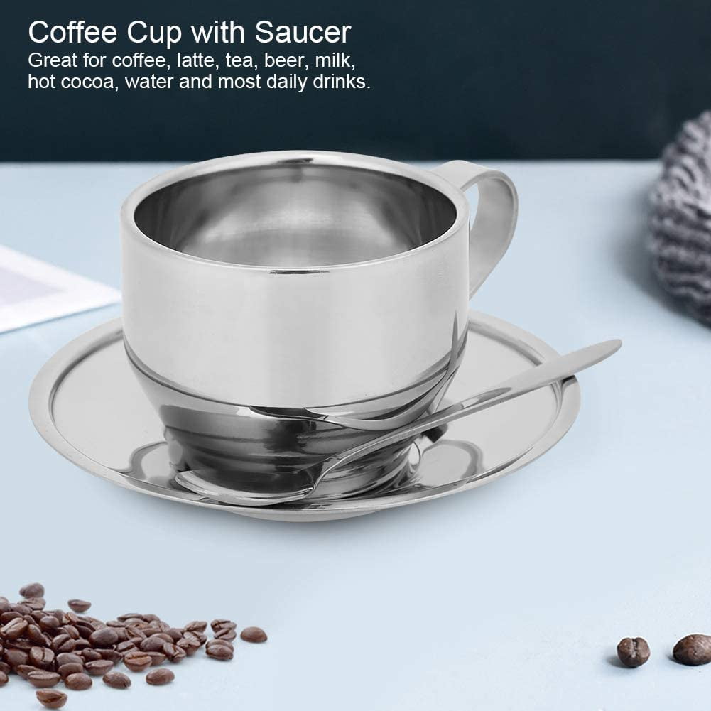 ABCISI Stainless Steel Coffee Cup Set, 6oz/180ml Coffee Mug with Saucer and Spoon, Double Walled Insulated Espresso Cups for Milk Tea Cappuccino Latte, Dishwasher Safe, Silver