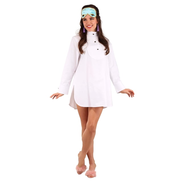 Costume de Pyjama pour Femme Breakfast at Tiffany's Comprenant une Chemise en Popeline Blanche avec Boutons Décoratifs, des Poignets à Manches Auto-Agrippantes et un Masque pour les Yeux en satin avec Bordure Tressée Dorée. Comprend des Boucles d'Oreilles à clip Ton or avec des Pampilles Violettes Pendantes. Idéal pour les Fêtes à Thème Ou les Détente Décontractées. sous Licence Officielle.