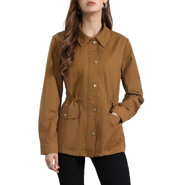 INSPIRE CHIC Women's Utility Jackets Drawstring Waist Flap Pocket Zip Button Jackets M Caramel