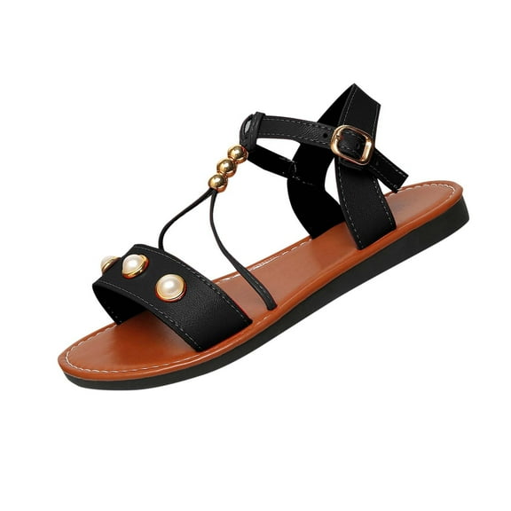 Women's Summer Pearl Decorated Sandals Low Heel Slip On Comfortable Casual Beach Footwear For Daily Wear Dating