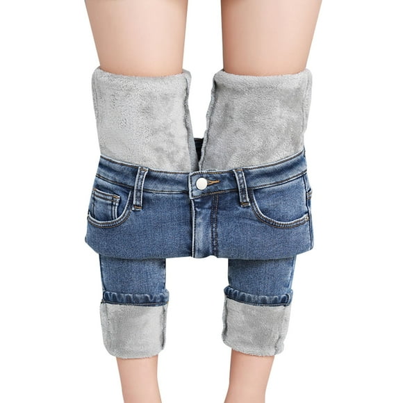 Blue Yoga Pants Women Thermal Fleece Denim Jeggings High Waist Stretchy Jean Leggings Stylish Skinny Warm Leggings for Women