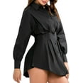 thumbnail image 2 of HLSOHJP Women's Long Sleeve Button Down Shirt Dress Stylish Lapel Solid Deep V Neck Pleated Gathered Waist Blouse Dresses, 2 of 4