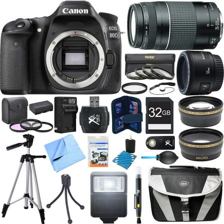 - Canon EOS 80D CMOS Digital SLR Camera Super Bundle includes Camera, 50mm Lens, 75-300mm Lens, 58mm Filter Kit, 32GB SDHC Memory Card, Tripod, Gadget Bag, Cleaning Kit, Beach Camera Cloth and More!
