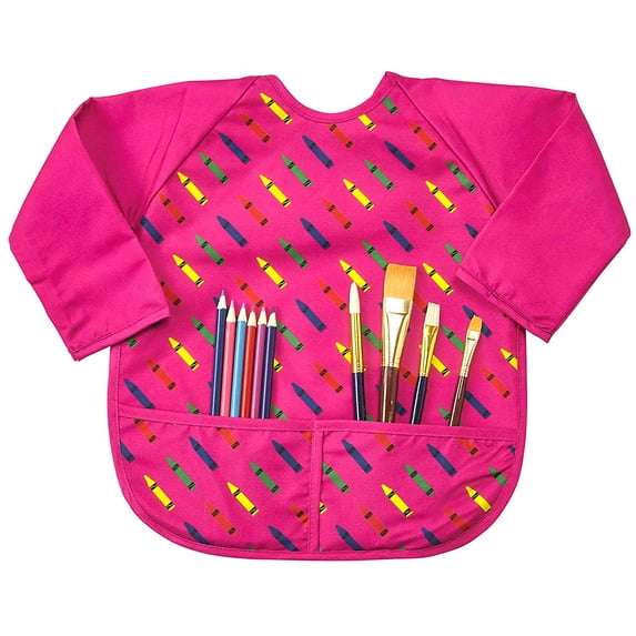 Abstract Kids Art Smock Apron - Red Crayon Long Sleeve Waterproof Bib for Painting, Feeding and More - 2 Pockets - Microfiber with Vinyl Lining - Medium